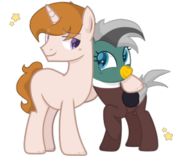 Size: 3333x3136 | Tagged: artist needed, safe, oc, oc:duk, oc:white shield, duck pony, pegasus, pony, unicorn, female, hug, male, mare, quack, quak, smiling, stallion