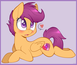 Size: 1000x850 | Tagged: safe, artist:higglytownhero, scootaloo, pegasus, pony, blushing, cute, cutealoo, filly, heart, simple background, solo