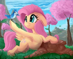 Size: 1024x821 | Tagged: safe, artist:discorded, fluttershy, bird, blue jay, pegasus, pony, armpits, cherry blossoms, cute, female, floppy ears, flower, flower blossom, leaf, leaves, mare, on side, shyabetes, solo, tree, tree stump