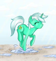 Size: 910x994 | Tagged: dead source, safe, artist:orisawa, lyra heartstrings, pony, unicorn, cute, eyes closed, happy, lyrabetes, puddle, smiling, solo, splashing, water