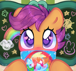 Size: 2734x2557 | Tagged: safe, artist:bunxl, rainbow dash, scootaloo, pegasus, pony, blushing, chalkboard, classroom, cutealoo, drawing, female, filly, heart eyes, holding