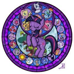 Size: 720x720 | Tagged: safe, artist:akili-amethyst, apple bloom, applejack, discord, fluttershy, pinkie pie, princess celestia, princess luna, rainbow dash, rarity, scootaloo, spike, sweetie belle, twilight sparkle, alicorn, dragon, earth pony, pegasus, pony, unicorn, cutie mark, cutie mark crusaders, dive to the heart, eyes closed, female, kingdom hearts, mane seven, mane six, mare, rearing, stained glass, station of awakening