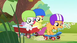 Size: 1280x721 | Tagged: safe, screencap, apple bloom, scootaloo, sweetie belle, earth pony, pegasus, pony, unicorn, cute, cutie mark crusaders, filly, helmet, scooter, wagon