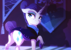 Size: 899x638 | Tagged: dead source, safe, artist:dvixie, rarity, pony, unicorn, the cutie re-mark, alternate hairstyle, alternate timeline, alternate universe, armor, clothes, clothing, commission, eyeshadow, female, looking back, lunaverse rarity, makeup, mare, night maid rarity, nightmare takeover timeline, plot, raised hoof, solo, vest safe