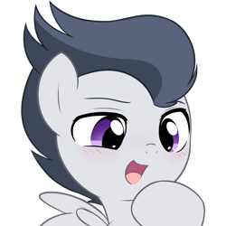Size: 1406x1406 | Tagged: safe, artist:pestil, rumble, pegasus, pony, blushing, bust, colt, cute, explicit source, male, open mouth, reaction image, rumblebetes, simple background, smug, solo, transparent background