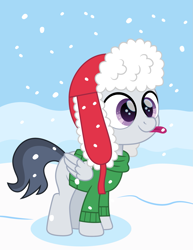 Size: 1159x1500 | Tagged: safe, artist:cloudyglow, rumble, pegasus, pony, clothes, colt, cute, hate, male, movie accurate, rumblebetes, snow, snowfall, solo, sweater, tongue out, ushanka, winter