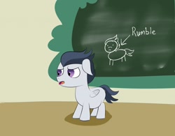 Size: 1280x1000 | Tagged: safe, artist:astr0zone, rumble, pegasus, pony, belly, chalkboard, chubby, classroom, colt, foal, male, pudge, school, solo, weight gain