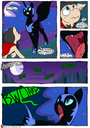 Size: 955x1350 | Tagged: safe, artist:teabucket, nightmare moon, oc, oc:chug-a-lug, alicorn, earth pony, pony, burp, colt, comic, eating, esophagus, fangs, female, fetish, gullet, implied vore, male, mare, mawshot, nightmare moonpig, open mouth, patreon, patreon logo, slimy, swallowing, taste buds, tongue out, uvula, younger