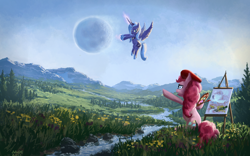 Size: 1680x1050 | Tagged: source needed, safe, artist:moe, pinkie pie, princess luna, alicorn, earth pony, pony, 16:10, beret, bipedal, celestial mechanics, creek, duo, duo female, easel, female, first alicorn picture on derpibooru, first luna picture on derpibooru, first pinkie pie picture on derpibooru, flower, flying, forest, frown, grass, hat, luna is not amused, magic, mare, moon, moon work, mountain, one of the first, open mouth, paint, paintbrush, painting, palette, pointing, river, s1 luna, scenery, scenery porn, signature, sitting, spread wings, tree, unamused, valley, wallpaper, wings