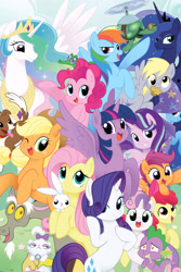Size: 2107x3160 | Tagged: safe, seven seas, angel bunny, apple bloom, applejack, derpy hooves, discord, fluttershy, gummy, opalescence, pinkie pie, princess celestia, princess luna, rainbow dash, rarity, scootaloo, spike, starlight glimmer, sweetie belle, tank, trixie, twilight sparkle, twilight sparkle (alicorn), winona, alicorn, alligator, cat, dog, draconequus, dragon, earth pony, pegasus, pony, rabbit, tortoise, unicorn, my little pony: the manga, my little pony: the manga volume 1, spoiler:manga, spoiler:manga1, adorabloom, angelbetes, animal, apple bloom's bow, applejack's hat, bipedal, bow, cape, clothes, cowboy hat, crown, cute, cutealoo, cutie mark crusaders, dashabetes, derpabetes, diapinkes, diasweetes, discute, female, filly, food, freckles, glimmerbetes, gummybetes, hair bow, hat, heart eyes, implied shipping, implied sparity, implied straight, in love, jackabetes, jewelry, looking at you, male, mane seven, mane six, mare, muffin, not amused face, one eye closed, opalbetes, opalescence is not amused, open mouth, pet six, raribetes, regalia, shipping, shyabetes, smiling, sparity, spikabetes, stetson, straight, tankabetes, trixie's cape, trixie's hat, twiabetes, wingding eyes, wink, winonabetes
