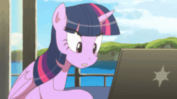 Size: 840x470 | Tagged: safe, artist:deannart, twilight sparkle, twilight sparkle (alicorn), alicorn, pony, animated, chair, computer, cute, eyes closed, female, frame by frame, frown, laptop computer, leaning, mare, meme, parody, ponified meme, reaction image, sitting, smiling, solo, twiabetes
