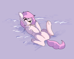 Size: 1000x800 | Tagged: safe, artist:amethesaladhair, oc, oc only, oc:kayla, earth pony, pony, female, laughing, lying down, on back, snow, solo, ych result