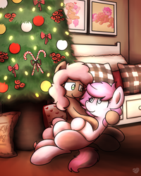 Size: 2048x2560 | Tagged: safe, artist:sugar morning, oc, oc only, oc:kayla, oc:mary jane, earth pony, pegasus, bed, candy, candy cane, christmas, christmas tree, female, food, holding head, holiday, kayry, lesbian, looking at each other, mare, oc x oc, pillow, shipping, snuggling, tree