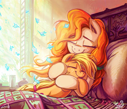 Size: 1199x1027 | Tagged: safe, artist:jowyb, applejack, pear butter, earth pony, pony, bed, blanket, bright, color porn, cute, daaaaaaaaaaaw, duo, eyes closed, feels, female, filly, filly applejack, flower petals, foal, freckles, happy, heartwarming, hnnng, hug, jackabetes, jowybean is trying to murder us, love, mare, morning ponies, mother and child, mother and daughter, motherly love, parent and child, pearabetes, petals, pillow, precious, smiling, sweet dreams fuel, weapons-grade cute, wholesome, younger, younger applejack