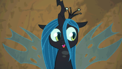 Size: 1280x720 | Tagged: safe, artist:eqamrd, queen chrysalis, changeling, changeling queen, frenemies (episode), animated, cute, cute little fangs, cutealis, daaaaaaaaaaaw, eye shimmer, fangs, female, gif, happy, headbob, highlights, hnnng, horn, metronome, open mouth, party soft, perfect loop, smiling, solo, teeth, tongue out, weapons-grade cute, wings
