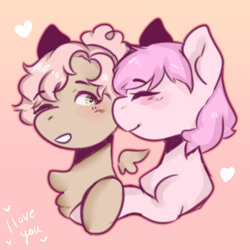 Size: 2000x2000 | Tagged: safe, artist:poofindi, oc, oc only, oc:kayla, oc:mary jane, earth pony, pegasus, pony, duo, female, kayry, kiss on the cheek, kissing, lesbian, mare, oc x oc, shipping, smiling, text