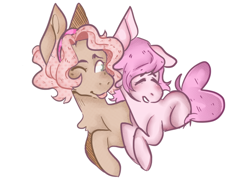 Size: 1280x924 | Tagged: safe, artist:poofindi, oc, oc only, oc:kayla, oc:mary, oc:mary jane, pony, chest fluff, duo, eyes closed, female, kayry, lesbian, mare, oc x oc, one eye closed, shipping, size difference, tongue out
