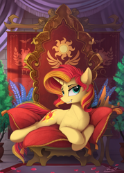 Size: 1785x2500 | Tagged: safe, artist:yakovlev-vad, sunset shimmer, pony, unicorn, banner, bedroom eyes, chair, chest fluff, cute, ear fluff, female, floppy ears, fluffy, grin, looking at you, mare, paint tool sai, pillow, praise the sunset, prone, royalty, shimmerbetes, signature, smiling, smirk, smugset shimmer, solo, throne