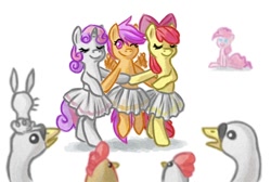 Size: 1024x690 | Tagged: safe, artist:dany-the-hell-fox, apple bloom, pinkie pie, scootaloo, sweetie belle, bird, chicken, earth pony, goose, pegasus, pony, rabbit, swan, unicorn, animal, ballerina, ballerinas, ballet, bipedal, bow, clothes, cutie mark crusaders, dancing, eyes closed, female, filly, foal, hair bow, hooves, horn, mare, one eye closed, simple background, sitting, skirt, skirtaloo, smiling, spread wings, swan lake, tabun art-battle, tutu, tutus, white background, wings