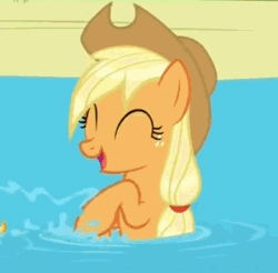 Size: 335x330 | Tagged: safe, screencap, applejack, earth pony, pony, leap of faith, animated, applejack's hat, cowboy hat, cute, eyes closed, female, freckles, happy, hat, hnnng, hoofy-kicks, jackabetes, mare, open mouth, open smile, pond, silly, silly pony, smiling, solo, splash, swimming, water