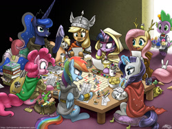 Size: 1700x1275 | Tagged: safe, artist:johnjoseco, angel bunny, applejack, derpy hooves, discord, dj pon-3, fluttershy, gilda, gummy, iron will, lyra heartstrings, octavia melody, peewee, pinkie pie, princess celestia, princess luna, rainbow dash, rarity, spike, sunshower raindrops, trixie, twilight sparkle, vinyl scratch, wild fire, zecora, alicorn, alligator, dragon, duck, earth pony, griffon, monster pony, octopony, original species, pegasus, phoenix, pony, rabbit, unicorn, zebra, :t, adventuring party, alternate hairstyle, antlers, apron, aura, bard, board game, book, born to x, bowl, bowtie, candy, cape, carrot, cider, cloak, clothes, cookie, cosplay, costume, crab pony, cup, cupcake, cute, derpabetes, dice, druid, dungeons and dragons, eating, fantasy class, female, flutterdruid, grin, helmet, hilarious in hindsight, hooded cape, jewelmancer, juice box, larp, levitation, lidded eyes, lip bite, lollipop, lute, magic, male, mane seven, mane six, mare, meme, mug, octaviapus, pig pony, pillow, playing, ponytail, raised hoof, robe, rogue, roleplaying, scrunchie, scrunchy face, seapony lyra, smiling, table, tabletop game, telekinesis, tray, twicrab, twilight scepter, underhoof, wall of tags, warrior, wizard