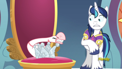 Size: 1920x1080 | Tagged: safe, screencap, shining armor, goose, pony, unicorn, sparkle's seven, animal, crown, discovery family logo, hard-won helm of the sibling supreme, paper crown, solo, throne