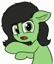 Size: 475x560 | Tagged: safe, artist:smoldix, oc, oc only, oc:anon filly, earth pony, pony, animated, bust, disgusted, eye, eye shimmer, eyes, female, filly, gif, looking at you, reaction image, shocked, simple background, solo, white background
