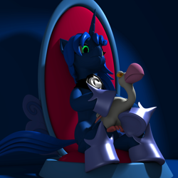 Size: 2000x2000 | Tagged: safe, artist:argos90, princess luna, alicorn, goose, pony, sparkle's seven, 3d, animal, female, lidded eyes, luna petting goose, throne