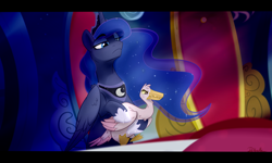 Size: 5000x3000 | Tagged: safe, artist:rutkotka, princess luna, alicorn, bird, goose, pony, sparkle's seven, angry, animal, eyebrows visible through hair, holding, hooves, lidded eyes, looking down, luna petting goose, redraw, scene, scene interpretation, solo, throne