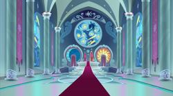 Size: 2100x1178 | Tagged: safe, screencap, fluttershy, spike, bird, dragon, goose, pegasus, pony, sparkle's seven, animal, canterlot, canterlot castle, canterlot throne room, carpet, column, crown, hard-won helm of the sibling supreme, stained glass, throne room