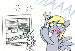 Size: 582x400 | Tagged: safe, artist:conicer, derpy hooves, pegasus, pony, 503, aaaa, aaaaaaaaaa, animated, bipedal, computer, derpibooru, derpy hooves tech support, dialogue, female, frown, gif, hoof hold, http status code, loop, mare, meta, no pupils, open mouth, percussive maintenance, screaming, server, simple background, solo, sparks, spread wings, text, tongue out, white background, wide eyes, wings, wrench