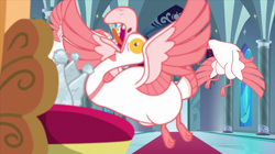 Size: 2100x1180 | Tagged: safe, screencap, bird, goose, sparkle's seven, animal, crown, hard-won helm of the sibling supreme, majestic as fuck, open beak, spread wings, throne, wings
