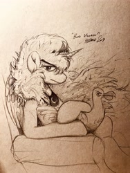 Size: 3024x4032 | Tagged: safe, artist:th3ipodm0n, princess luna, alicorn, goose, pony, sparkle's seven, animal, bond villain, female, frown, jewelry, luna petting goose, mare, monochrome, regalia, scene interpretation, sitting, solo, traditional art