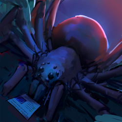 Size: 2151x2151 | Tagged: safe, artist:rhorse, lyra heartstrings, giant spider, spider, collaboration, advertisement, challenge, dark background, poster, simple background, speedpaint, wat