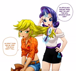 Size: 2448x2277 | Tagged: safe, artist:pia-sama, applejack, rarity, human, belly button, brush, cute, darling, dialogue, horned humanization, humanized, midriff, nail polish, simple background, speech bubble, white background