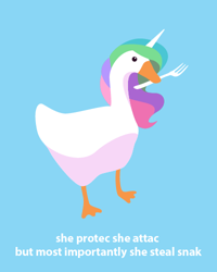 Size: 400x500 | Tagged: safe, artist:lollipony, princess celestia, goose, blue background, fork, gooselestia, he protec but he also attac, lineless, meme, mouth hold, simple background, solo, species swap, swanlestia, untitled goose game, vector, wat