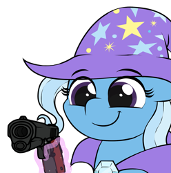 Size: 1381x1391 | Tagged: safe, artist:ljdamz1119, trixie, unicorn, bust, coat, gem, gun, hat, m1911, mare, solo