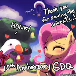 Size: 750x750 | Tagged: safe, artist:lumineko, fluttershy, bird, goose, pegasus, pony, agdq, anniversary, crying, female, mare, parachute, set:fluttershy games done quick, tears of joy, untitled goose game