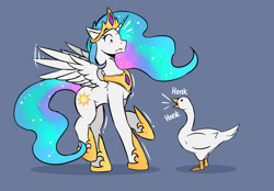 Size: 1437x1000 | Tagged: safe, artist:lostdreamm, princess celestia, alicorn, bird, goose, pony, chest fluff, duo, fear, female, gray background, honk, jewelry, mare, motion lines, regalia, simple background, surprised, untitled goose game, wing flap