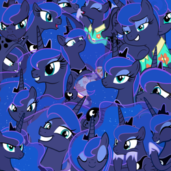 Size: 6000x6000 | Tagged: safe, princess luna, alicorn, goose, pony, calendar of lunas, cape, clothes, female, happy, lidded eyes, luna petting goose, multeity, scared, serious, smiling, smirk, vector, wallpaper