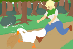 Size: 3400x2300 | Tagged: safe, artist:mrcakesboi, applejack, bird, goose, human, equestria girls, female, honk, running, stealing, the goose, untitled goose game, wild goose chase