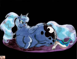 Size: 1018x784 | Tagged: safe, artist:squishyluna, princess celestia, princess luna, alicorn, pony, crushing, fat, morbidly obese, obese, plot, princess moonpig, that ass was fat