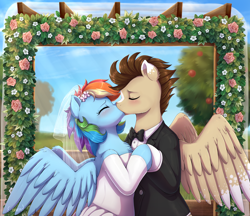 Size: 2900x2500 | Tagged: safe, artist:evomanaphy, rainbow dash, oc, oc:skittle, pegasus, pony, semi-anthro, bipedal, blushing, canon x oc, clothes, dress, eyes closed, female, holding, kissing, male, mare, marriage, shipping, skidash, spread wings, stallion, tuxedo, wedding, wedding dress, wedding veil, wings