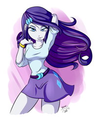 Size: 1280x1616 | Tagged: safe, artist:ponut_joe, rarity, equestria girls, bedroom eyes, bracelet, breasts, clothes, female, grin, jewelry, legs, looking at you, miniskirt, pose, raritits, sexy, signature, skirt, smiling, solo, thighs, windswept hair, windswept mane