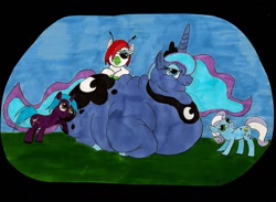 Size: 1024x751 | Tagged: safe, artist:squishyluna, princess luna, oc, alicorn, earth pony, pony, unicorn, annoyed, ask squishy luna, chubby, fat, huge butt, obese, princess moonpig