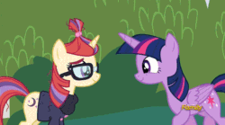 Size: 610x340 | Tagged: safe, artist:superedit, edit, edited screencap, screencap, moondancer, twilight sparkle, twilight sparkle (alicorn), alicorn, pony, unicorn, amending fences, animated, bedroom eyes, bipedal, blue mane, blushing, bush, clothes, crying, cute, cutie mark, daaaaaaaaaaaw, dancerbetes, discovery family, discovery family logo, eyes closed, female, floppy ears, glasses, grass, horn, hug, kiss edit, kissing, lesbian, long mane, mare, multicolored mane, outdoors, pink mane, purple mane, red mane, shipping, smiling, spread wings, surprise kiss, sweater, tail, the great and powerful superedit, twiabetes, twidancer, wide eyes, wings, wink