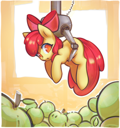 Size: 2600x2765 | Tagged: safe, artist:mirroredsea, apple bloom, earth pony, pony, :o, adorabloom, apple, blank flank, bow, c:, claw machine, confused, crane game, cute, event horizon of cuteness, female, filly, food, green apple, hair bow, holding a pony, looking down, no pupils, open mouth, smiling, solo