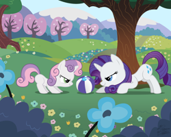 Size: 1280x1024 | Tagged: safe, artist:facelessjr, rarity, sweetie belle, pony, unicorn, adobe imageready, ball, blank flank, cute, diasweetes, duo, duo female, female, filly, flower, mare, mountain, raribetes, scrunchy face, show accurate, sisters, tree