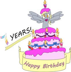 Size: 3219x3256 | Tagged: safe, artist:trash anon, derpy hooves, pegasus, pony, :d, bow, cake, candle, female, food, frosting, happy birthday, happy birthday mlp:fim, jumping out of cake, mare, mlp fim's seventh anniversary, open mouth, ribbon, smiling, spread wings, wings