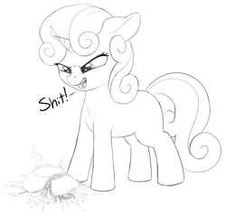 Size: 2270x2170 | Tagged: safe, artist:zippysqrl, sweetie belle, pony, unicorn, cute, dialogue, female, filly, food, grayscale, magic, monochrome, open mouth, pasta, simple background, solo, spaghetti, vulgar, white background